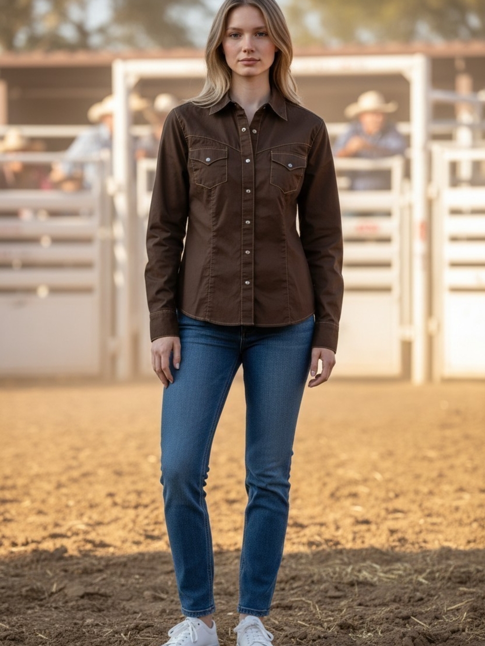 Rockies Women's Brown Fitted Western Pearl Snap Shirt Size S M